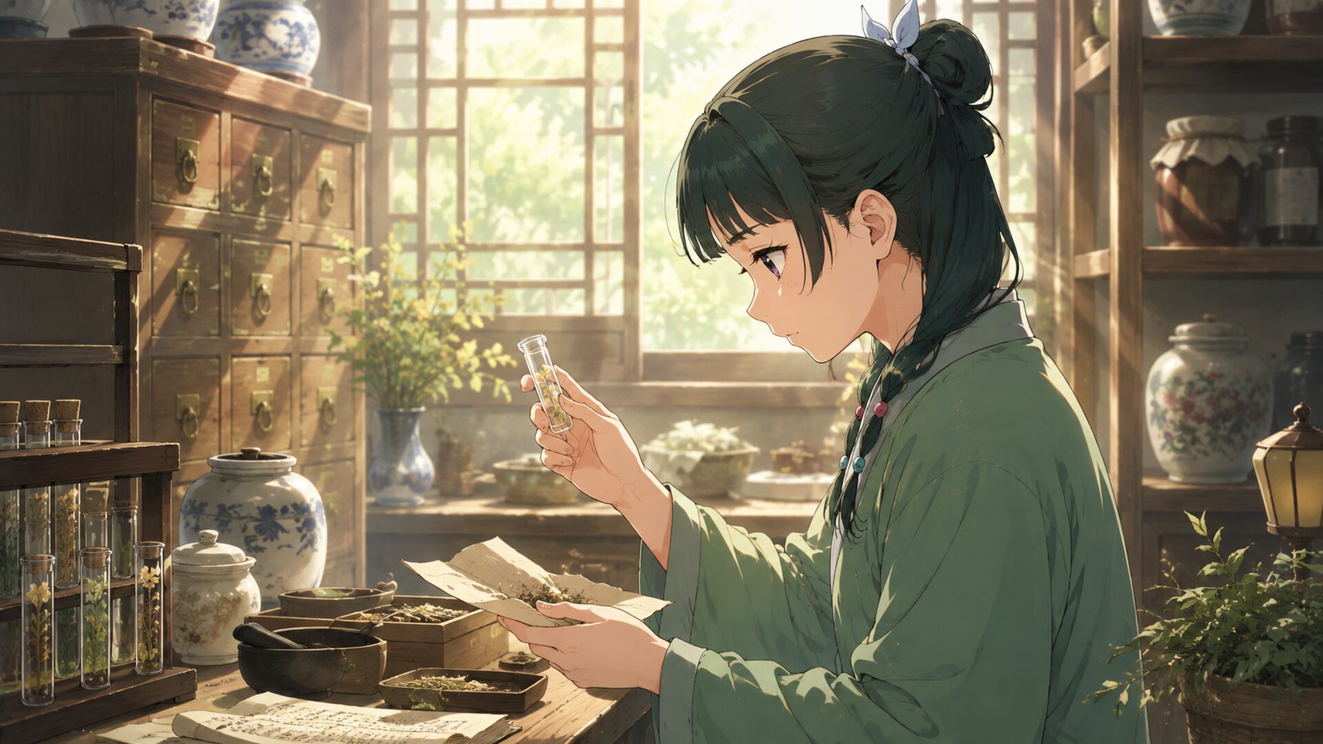 薬草園で風を感じながら佇む猫猫と遠くから静かに見守る壬氏の美麗なアニメーションシーン