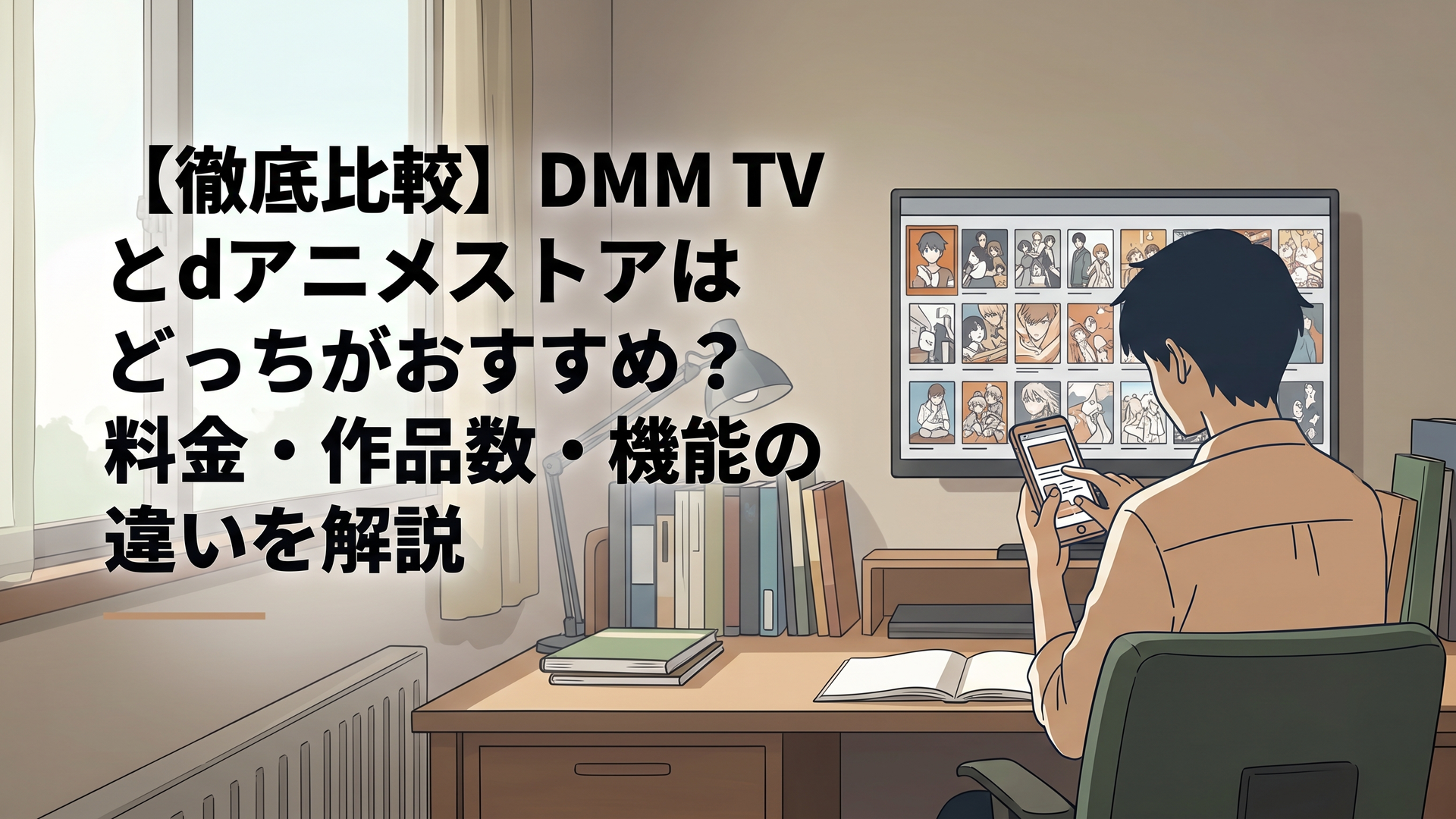 画面に並ぶ無数のアニメ作品とスマートフォンを操作するアニメファンのイラスト