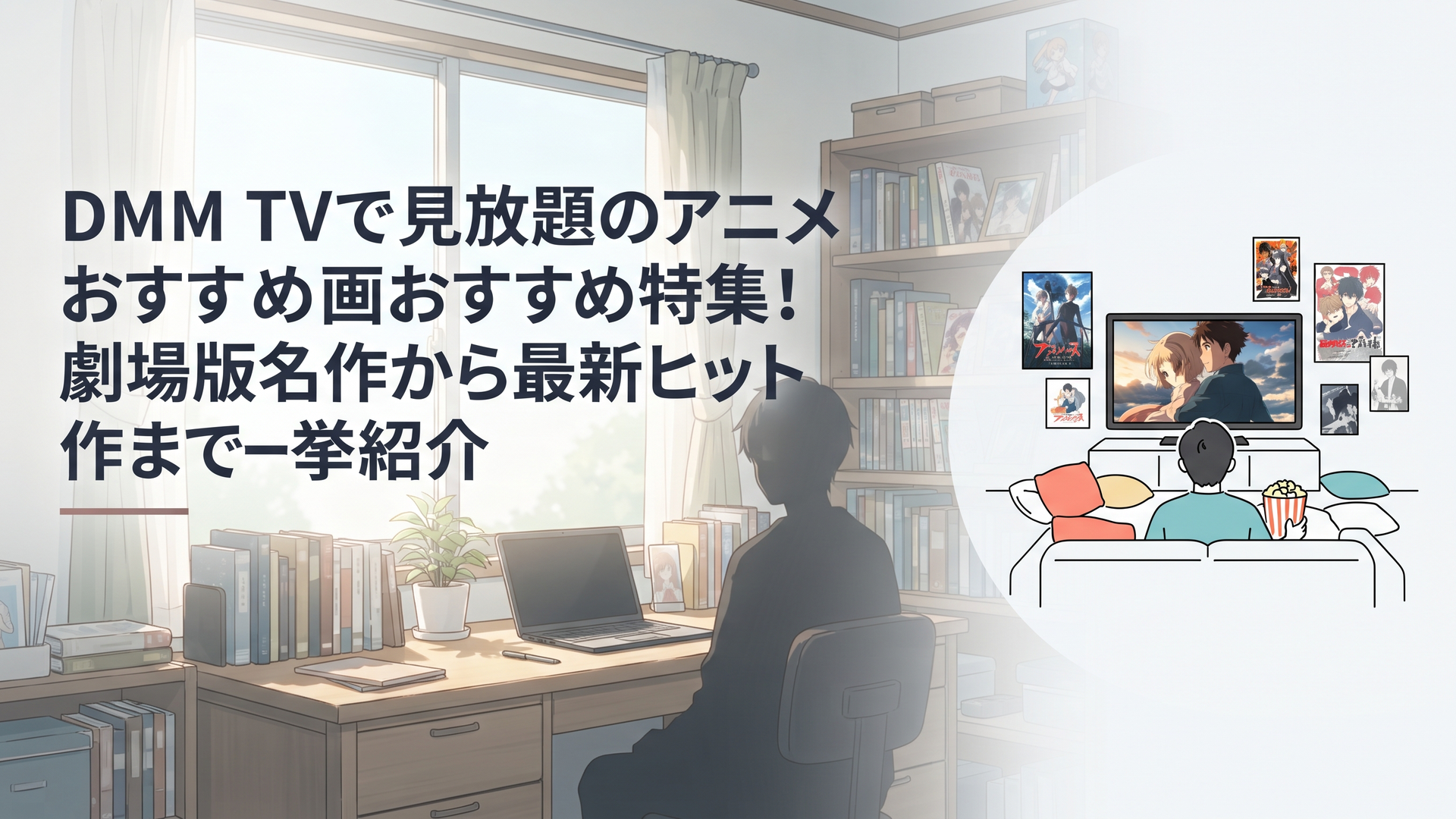 DMM TVのアニメ映画見放題を自宅で楽しむファンのイメージ