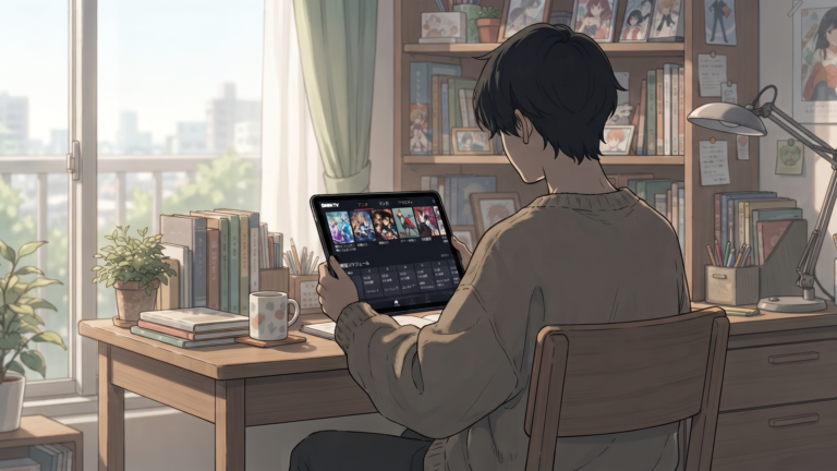 DMM TVのアプリ画面でアニメの配信スケジュールや作品詳細をチェックしているイメージ